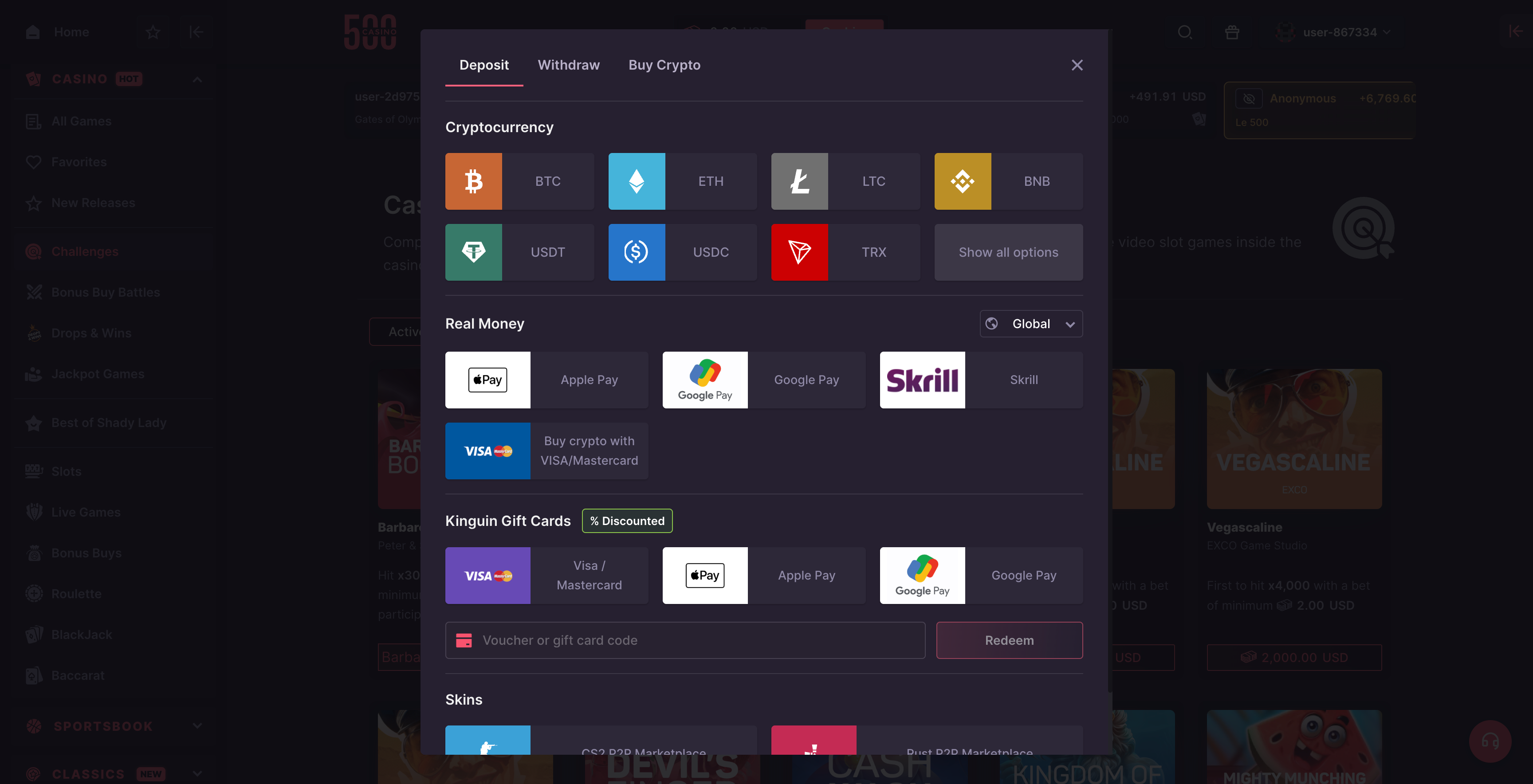 500 Casino Bitcoin and Crypto Deposit Options