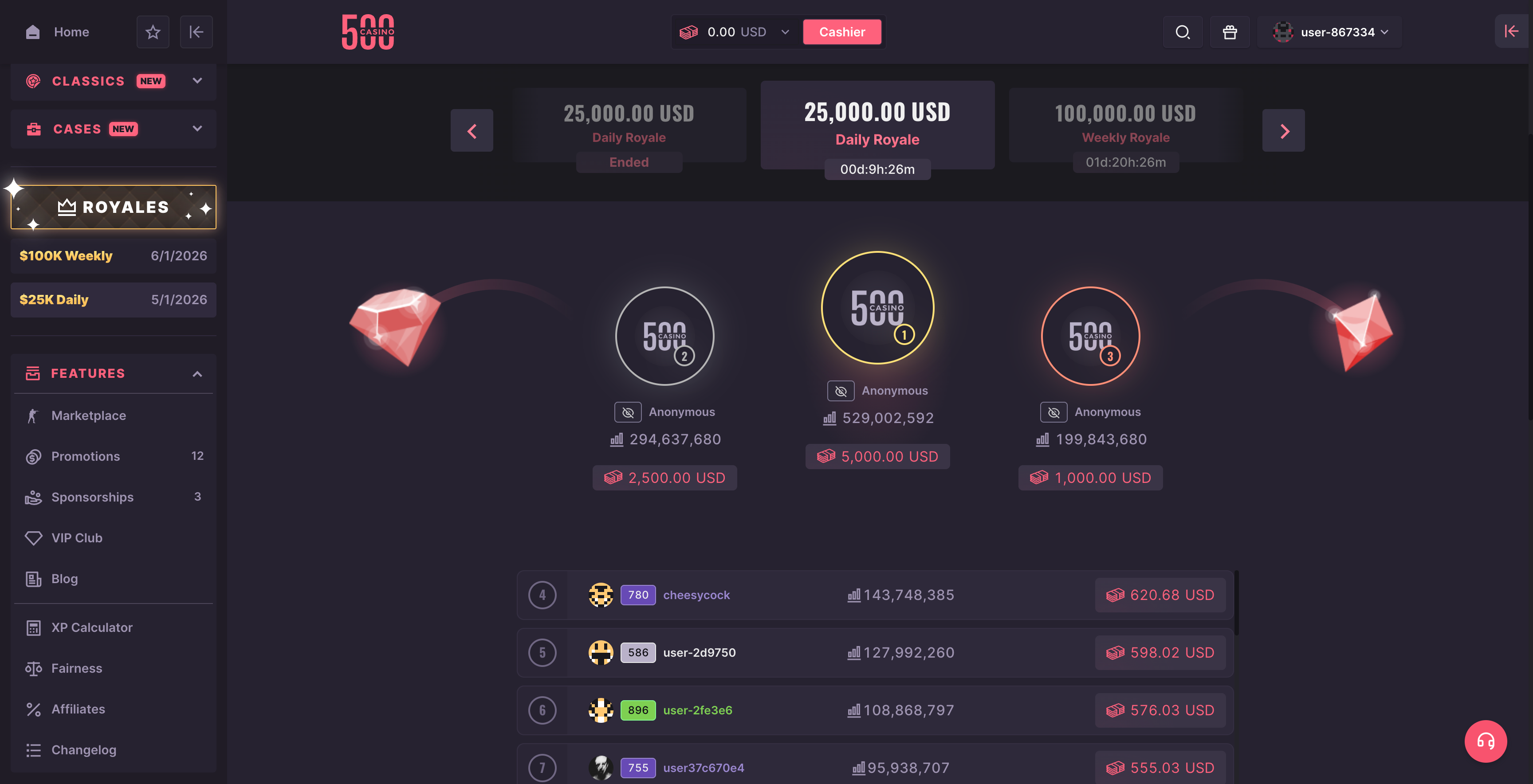 500 Casino Leaderboard