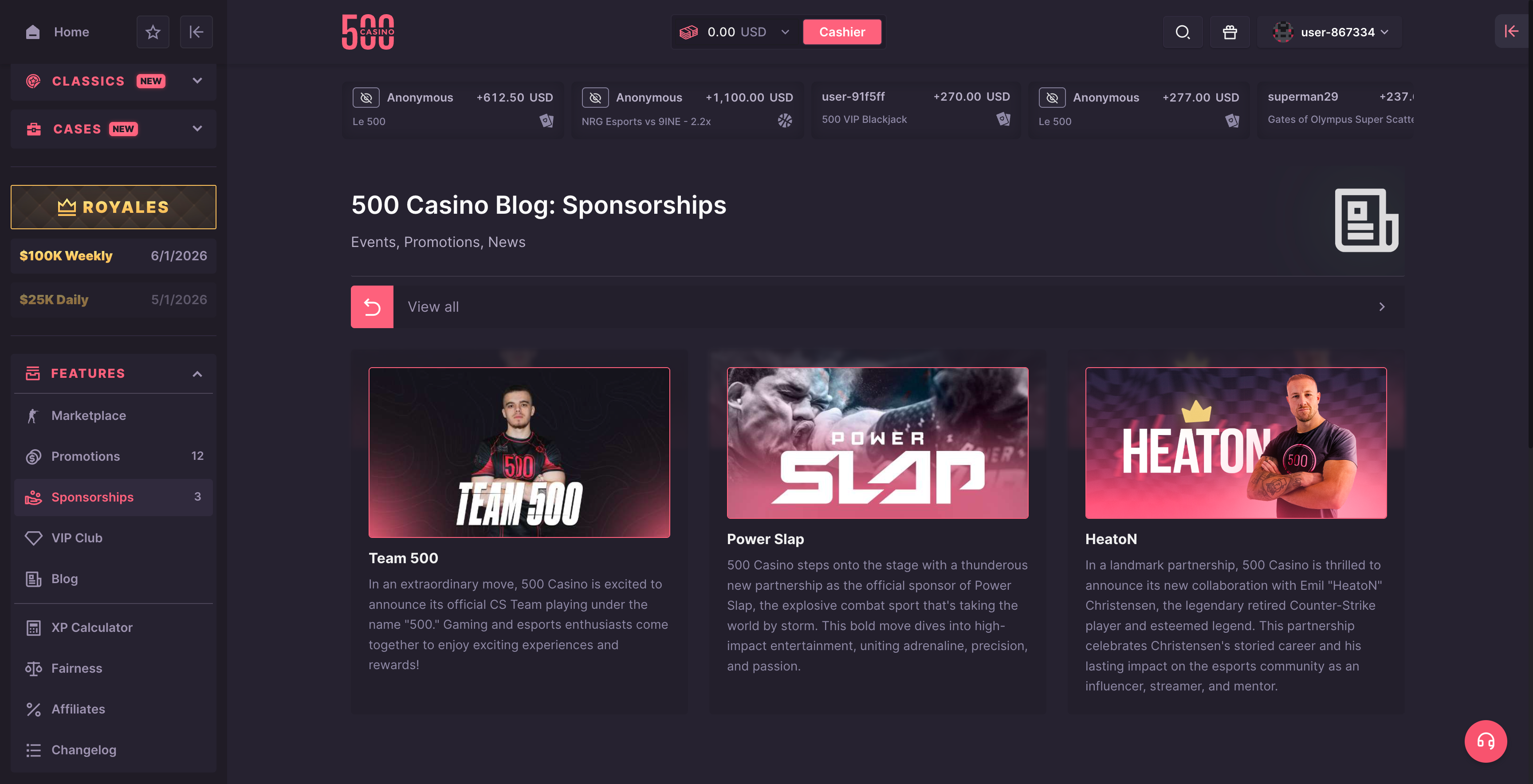 500 Casino Esports Sponsorships