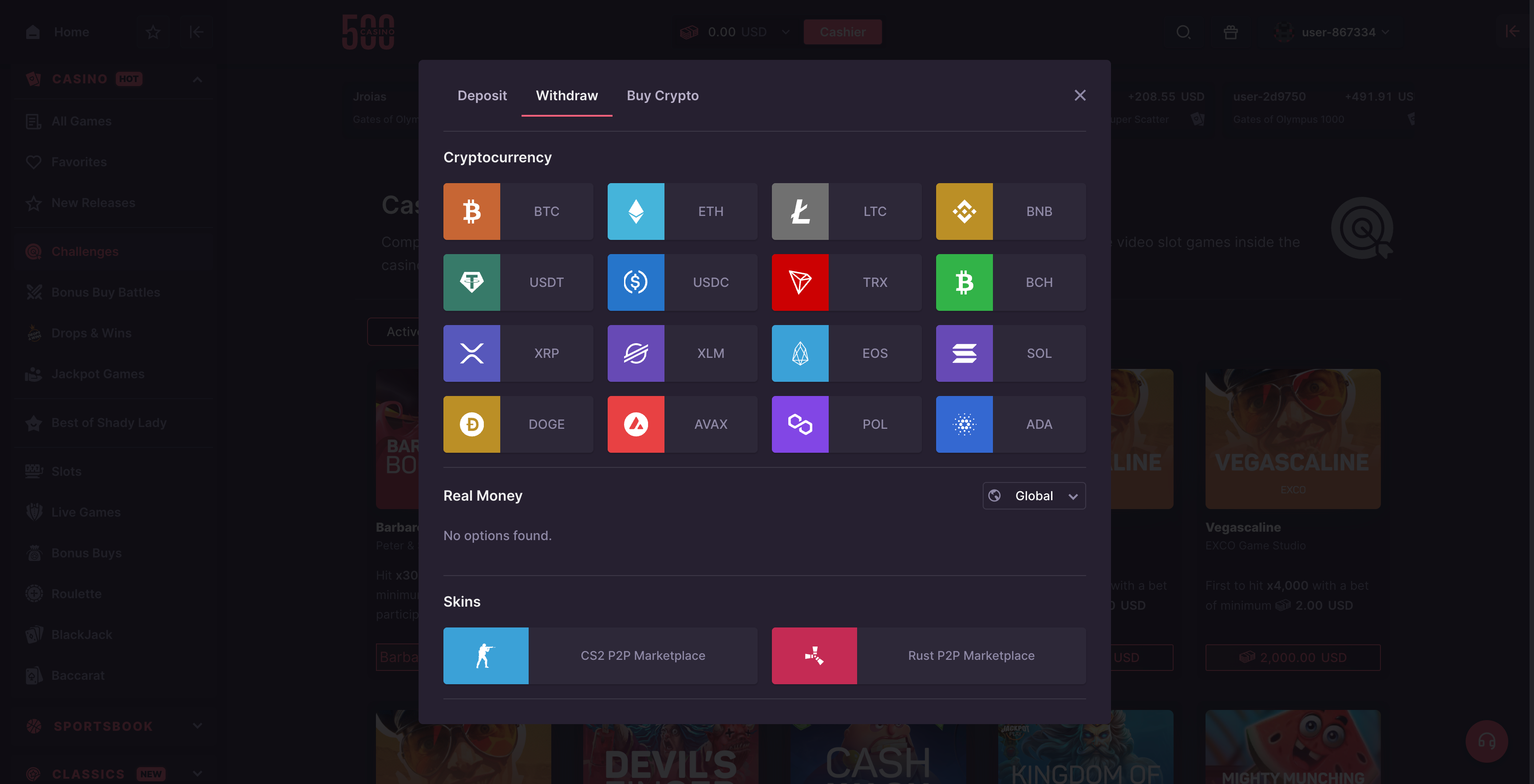 500 Casino Crypto and Bitcoin Withdrawal Options