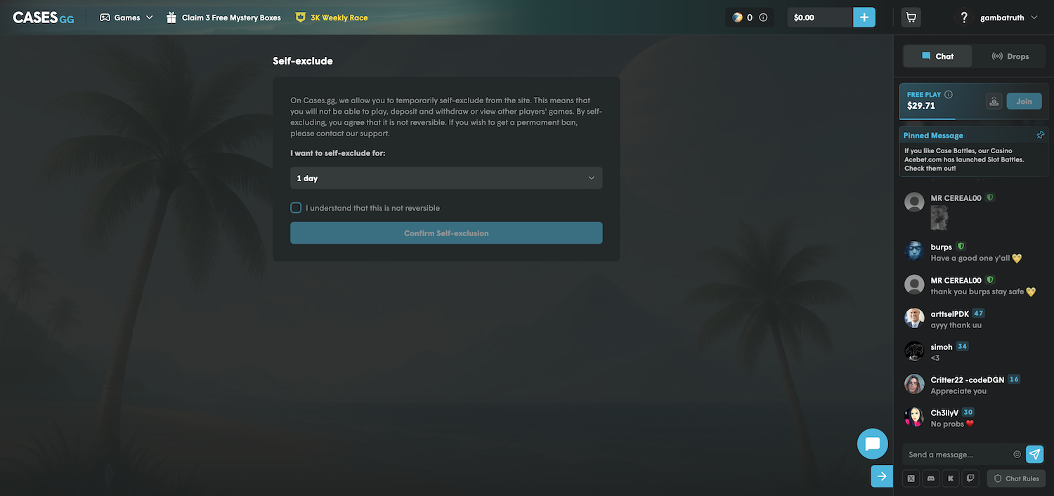 Cases.gg Self-Exclusion Settings