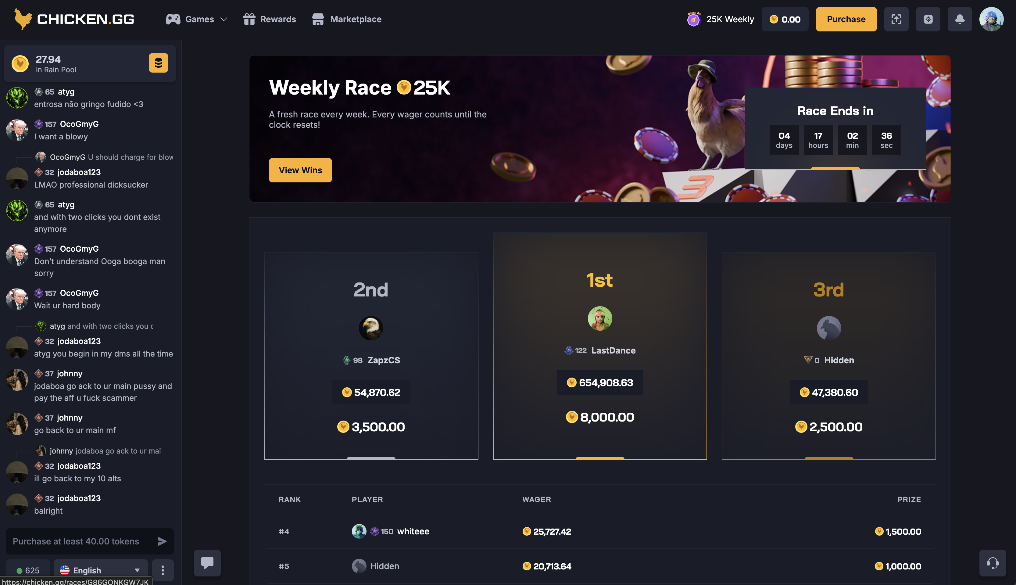Chicken.gg Wager Race Leaderboard