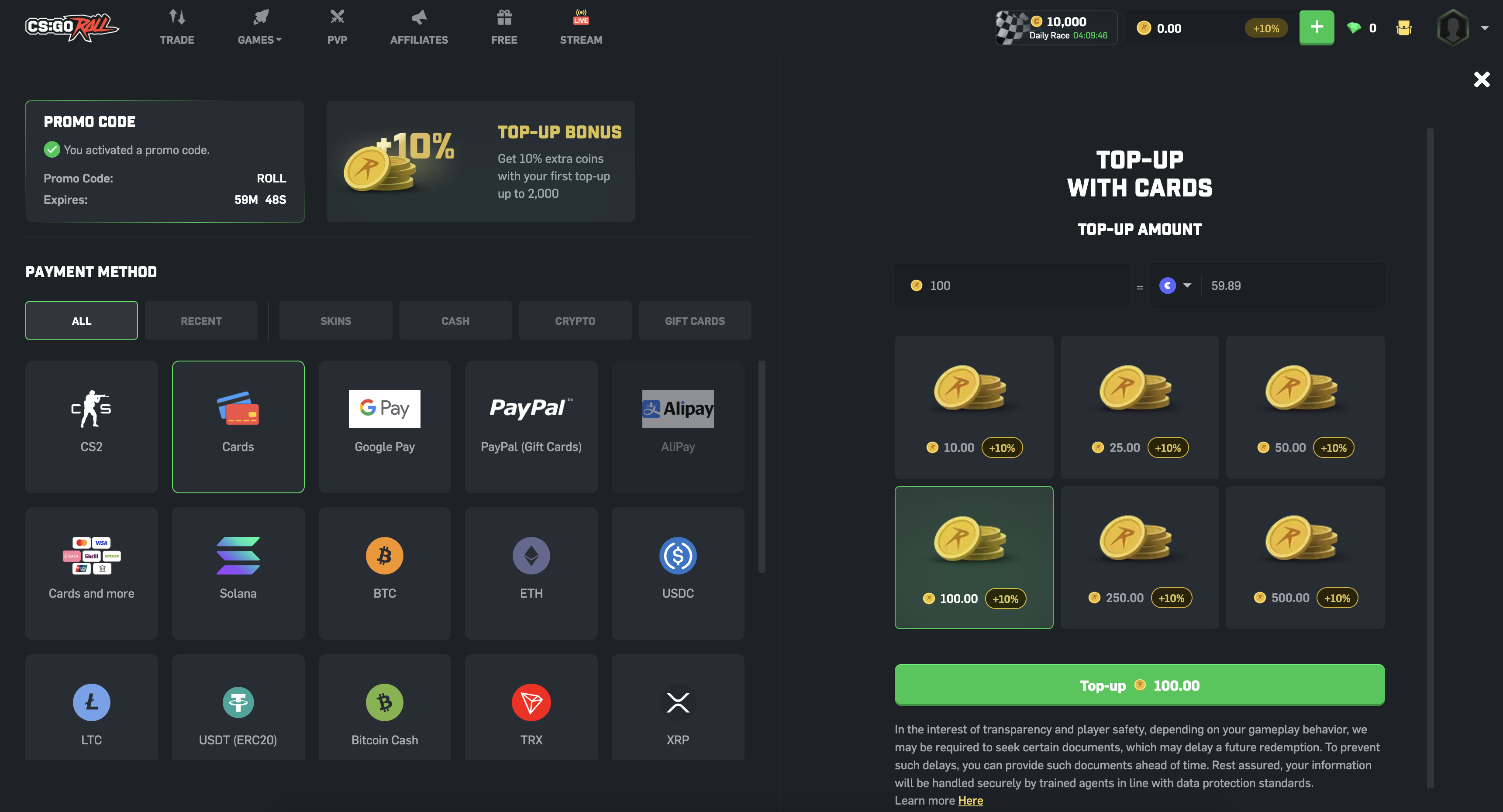 CSGORoll Deposit Interface