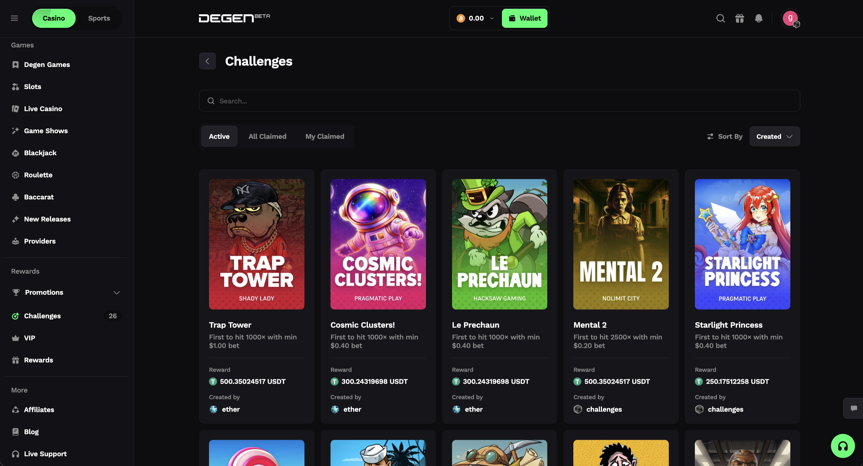 Degen.com casino challenges