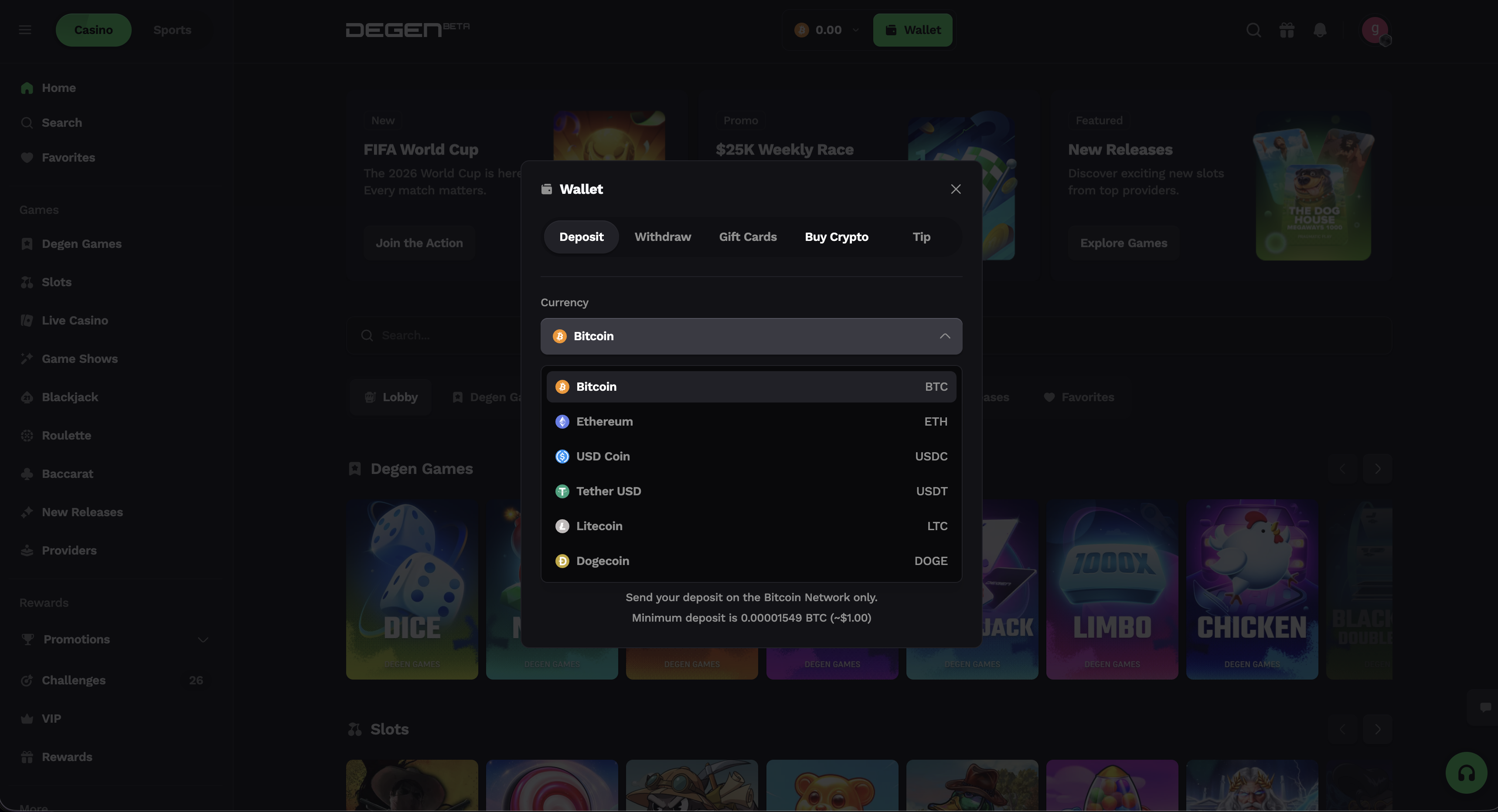 Degen.com cryptocurrency deposit methods