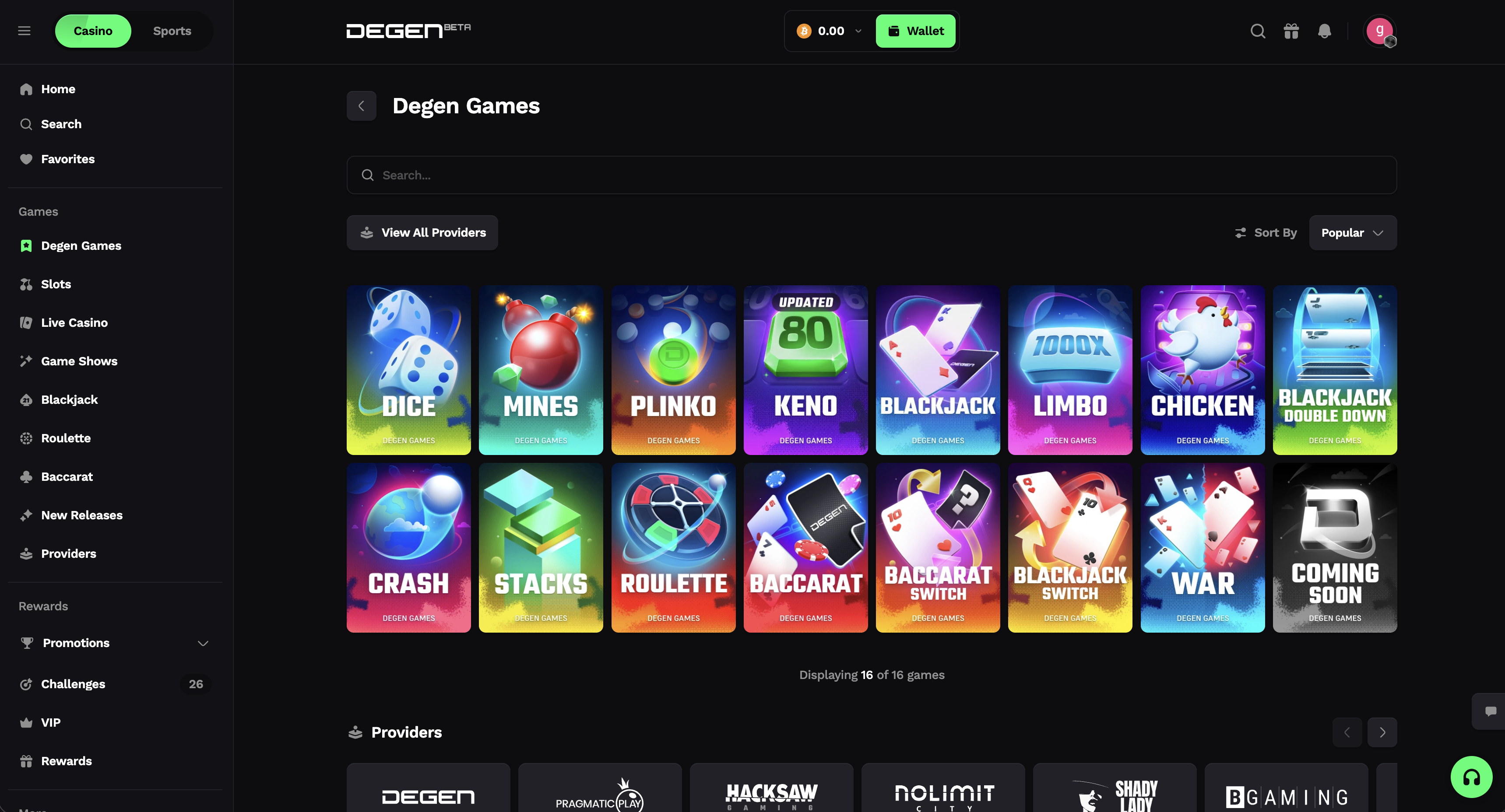 Degen.com original casino games