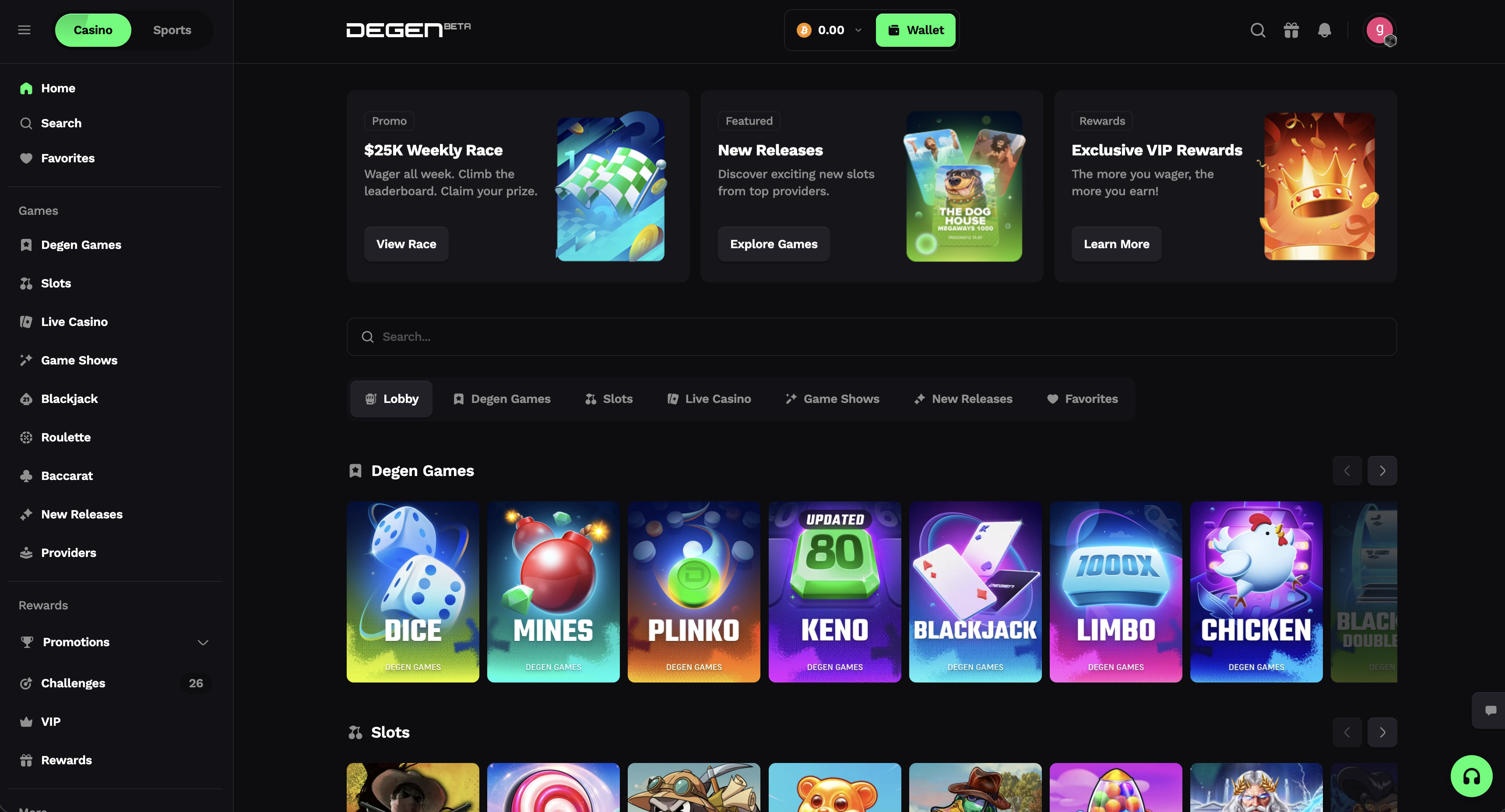 Degen.com crypto casino home page