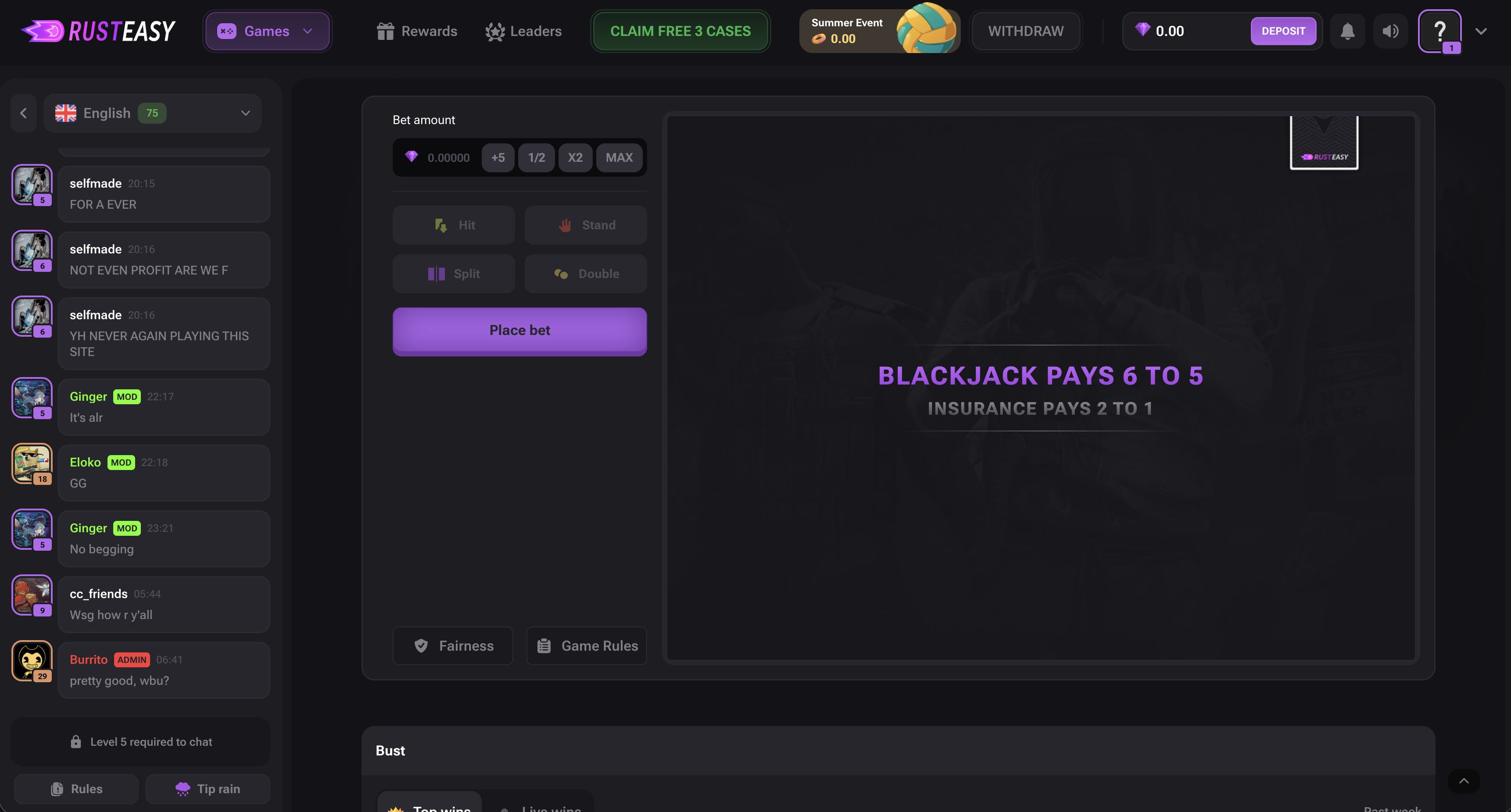RustEasy Bust blackjack game