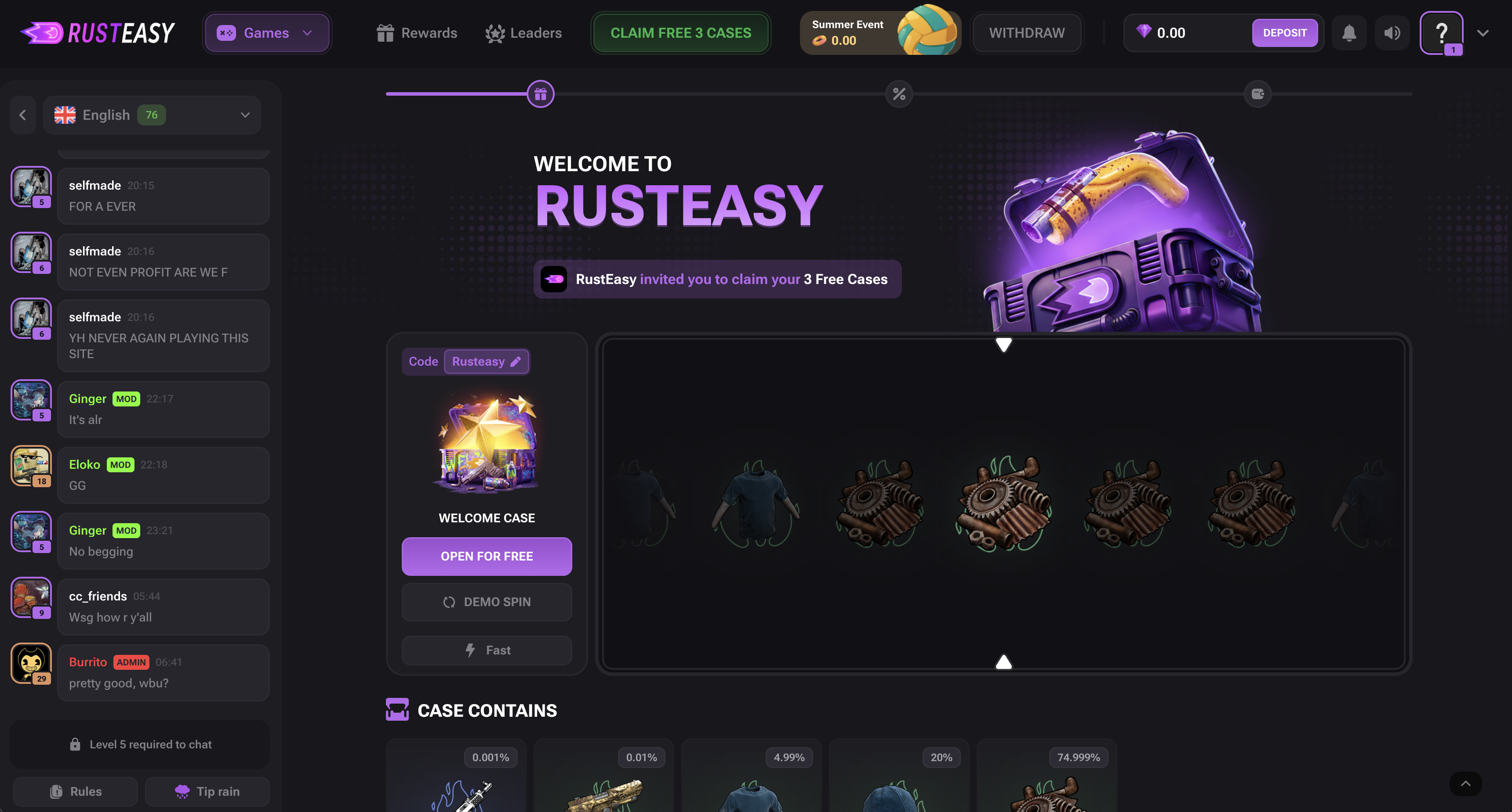 RustEasy welcome cases and referral code screen
