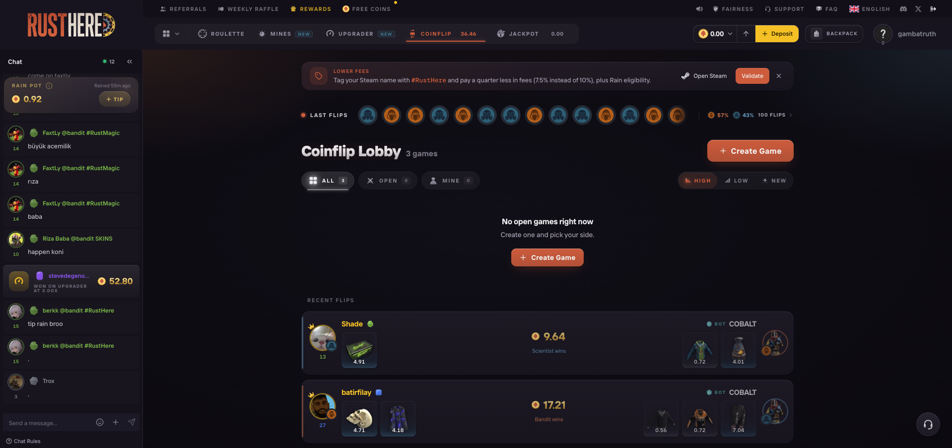 RustHere Rust Coinflip Lobby