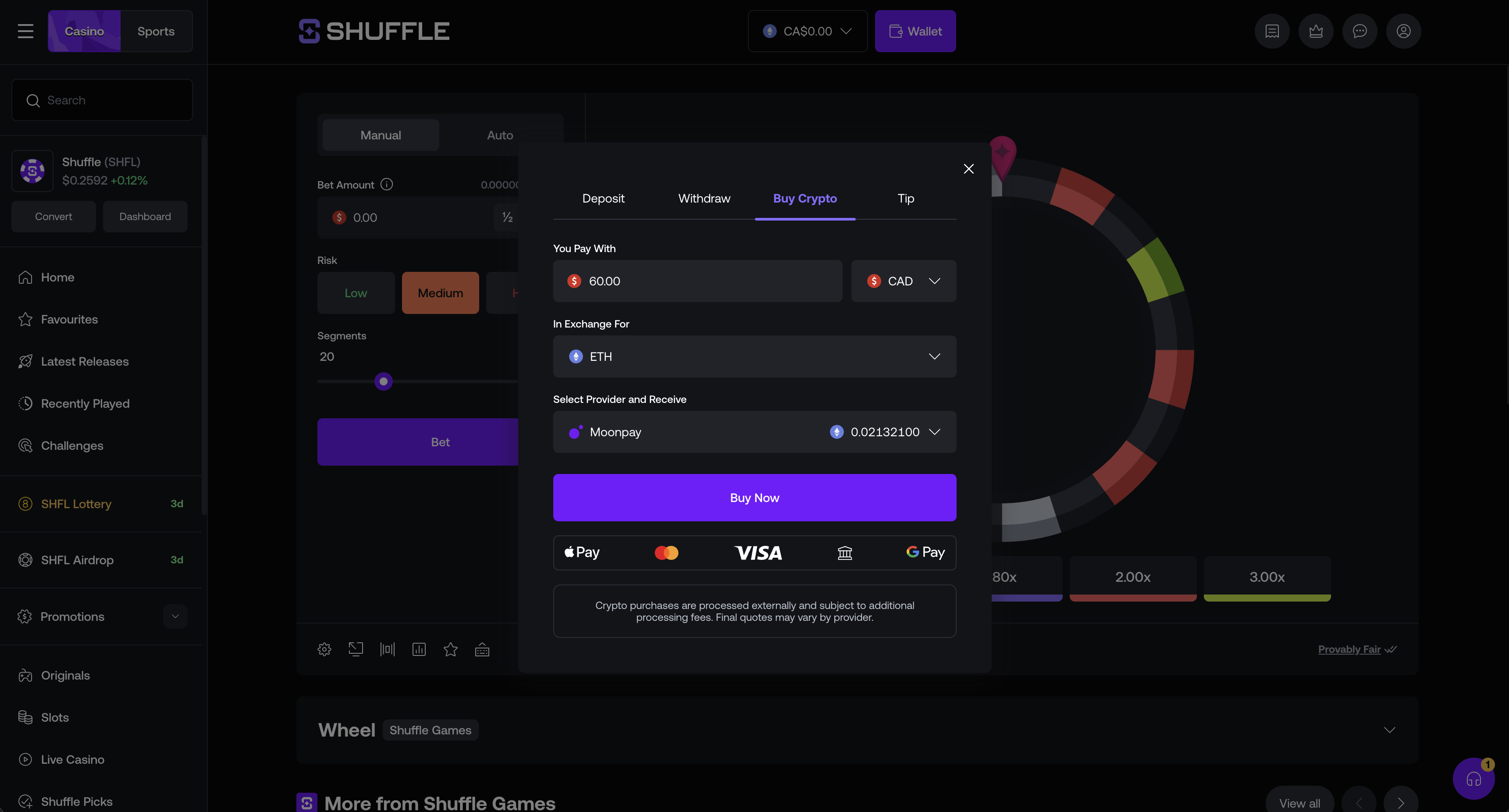 Buy crypto on Shuffle with fiat