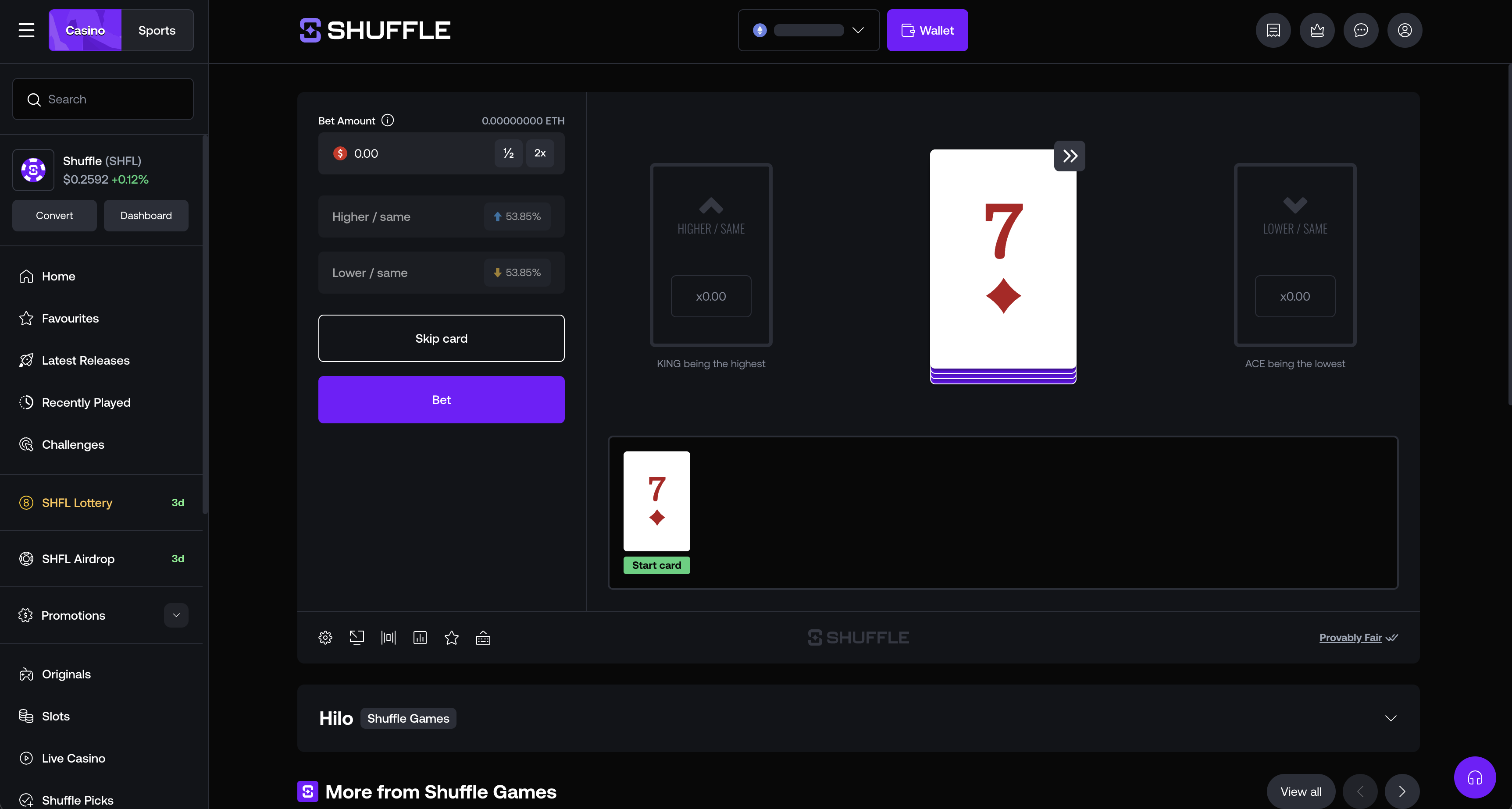 Shuffle HiLo game