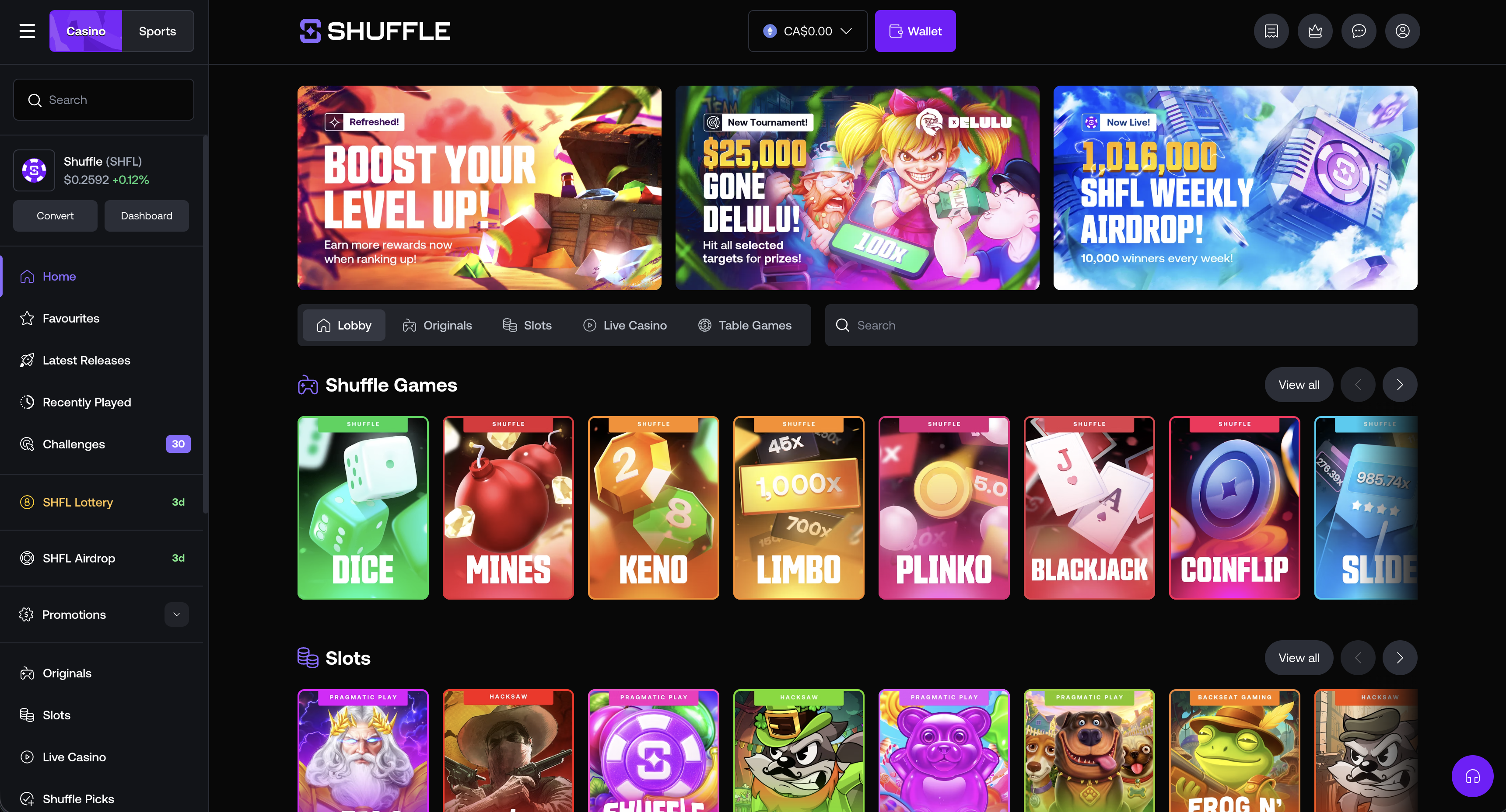 Shuffle.com crypto casino home page