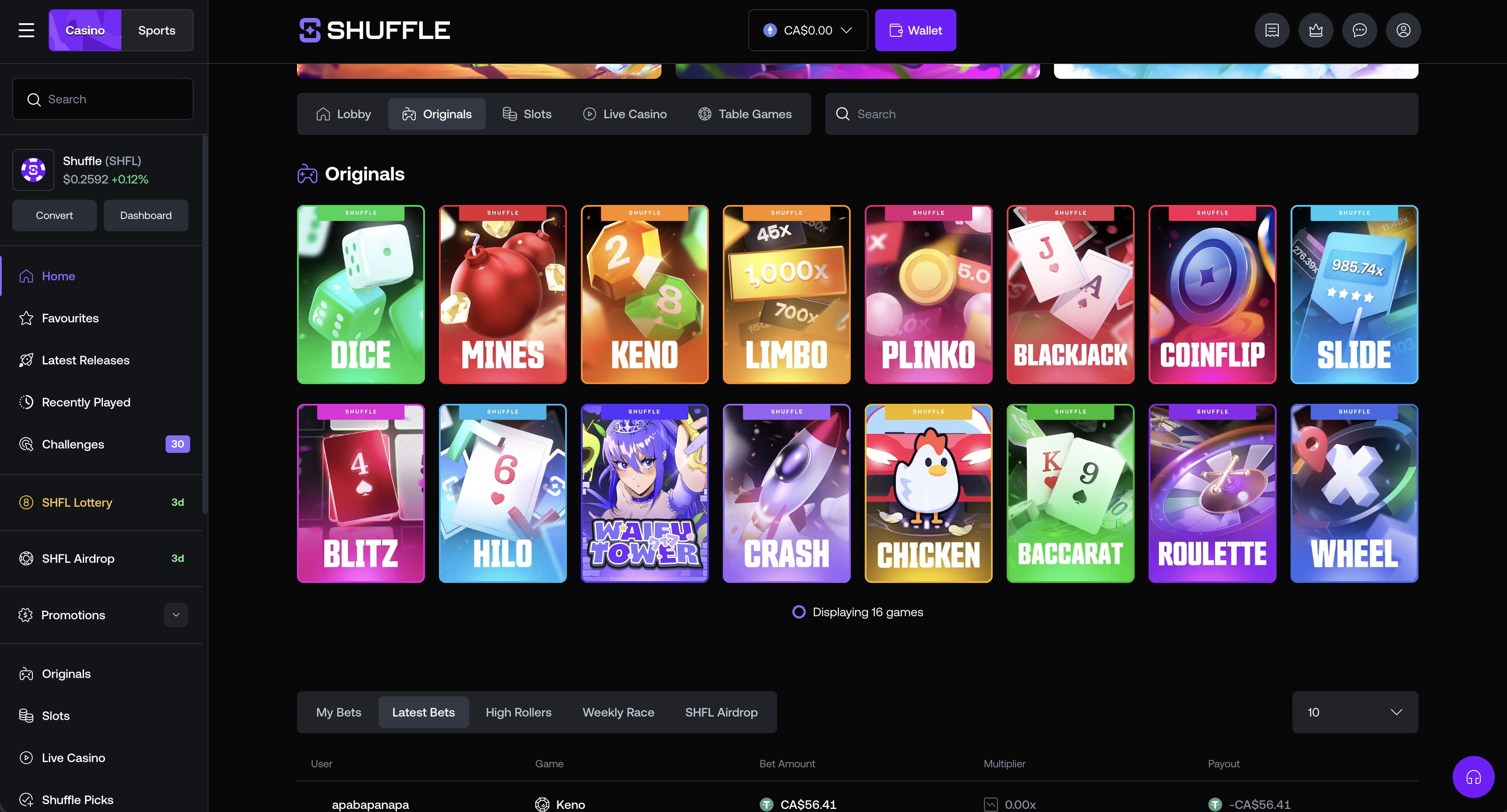 Shuffle Originals game lobby