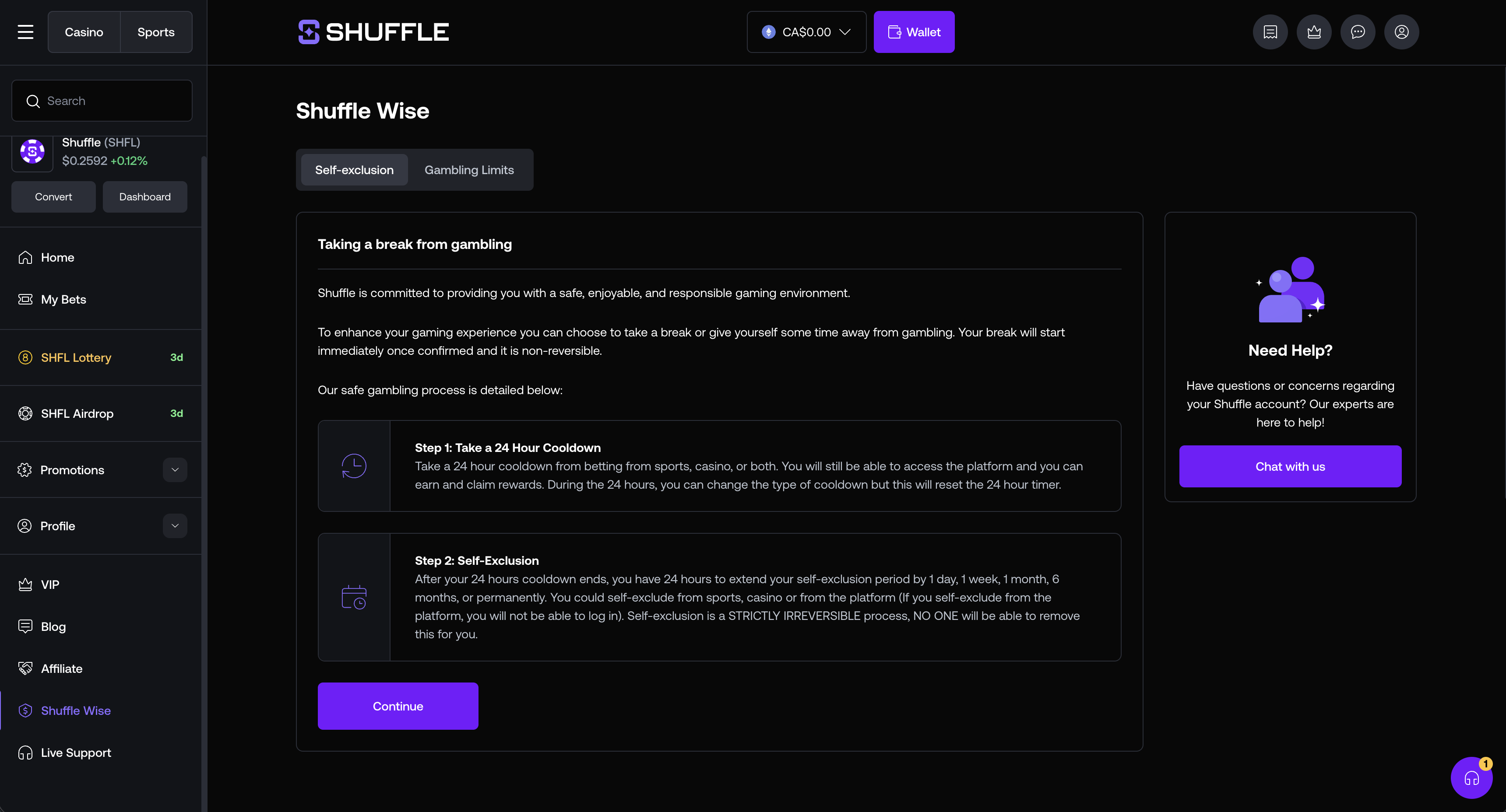 Shuffle Wise responsible gambling tools