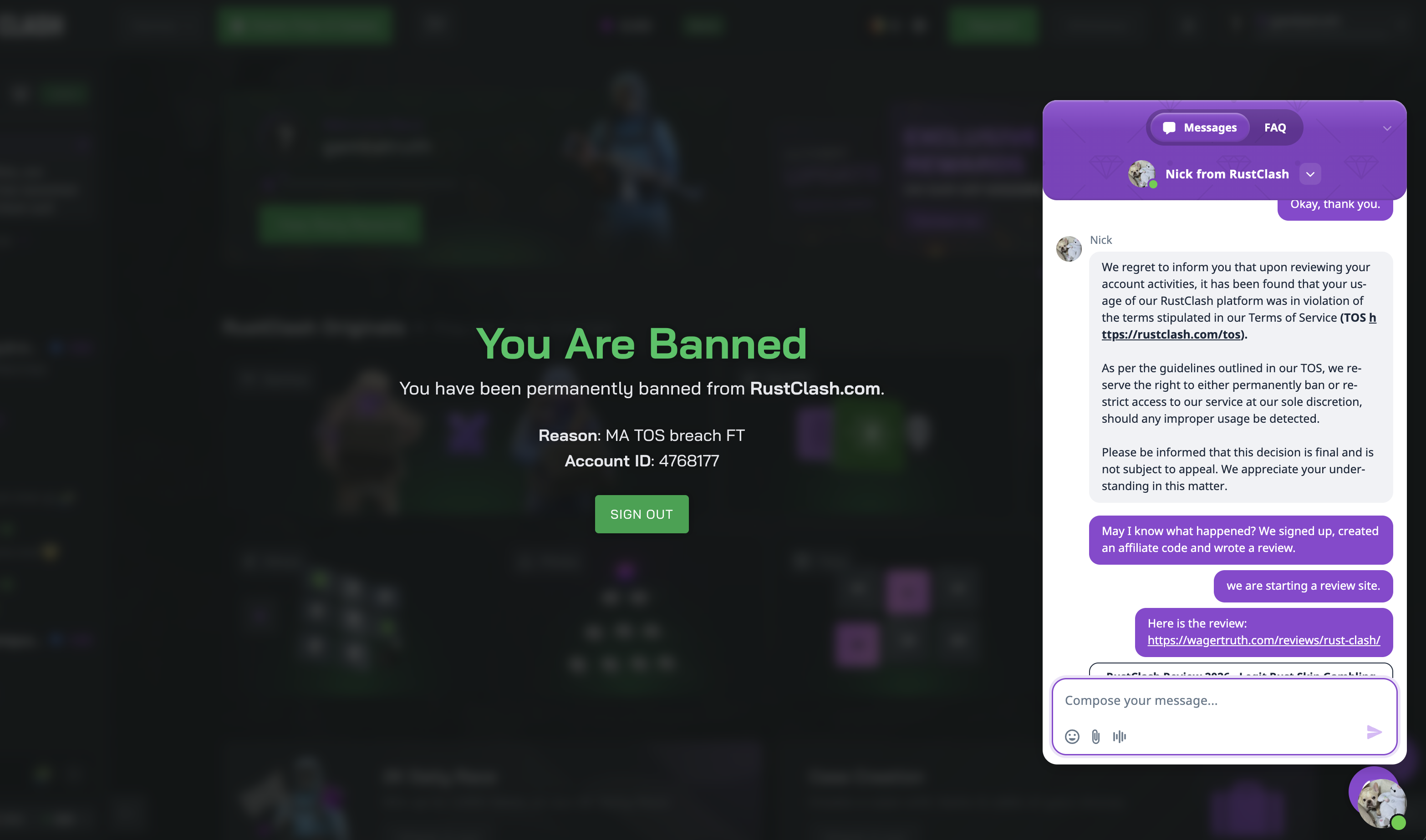 RustClash account ban notice and support conversation